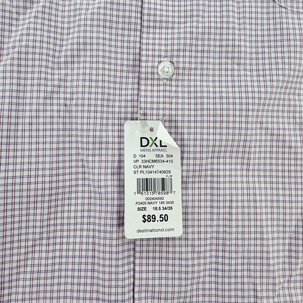 Oak Hill Shirt Mens 18.5 34/35 Blue Check Big Tall Non Iron Long Sleeve Dress - Picture 3 of 16